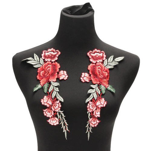 X 2 guipures dentelle floral venise ton rose/rouge à coudre polyester 30 x 12 cm  n°01