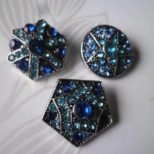 X 3 mixte boutons pression(bijoux)motif étoile à strass ton bleu métal argent vieilli 