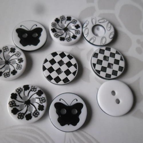 X 10 mixte boutons résine rond blanc à motif noir 2 trous 13 mm 