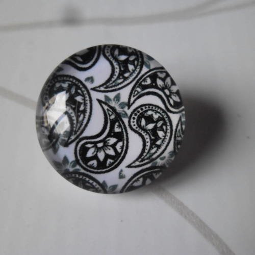 X 1 bouton pression(bijoux)rond verre dome motif noir/blanc métal argenté 18 mm 