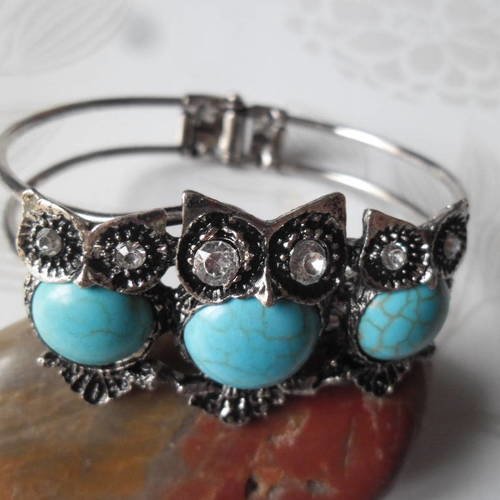 X 1 bracelet rigide motif hiboux turquoise/strass cristal blanc métal argent vieilli 21 cm 