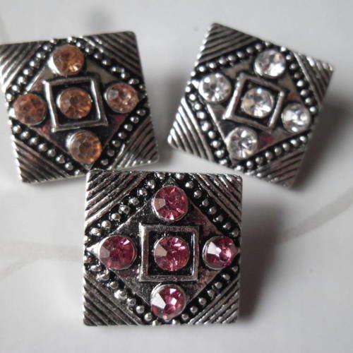 X 3 mixte boutons pression(bijou)carré motif losange strass métal argent vieilli 18 mm 