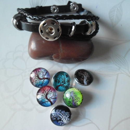 X 1 bracelet cuir noir+6 mixte boutons pression arbre de vie verre/argenté 21 cm 