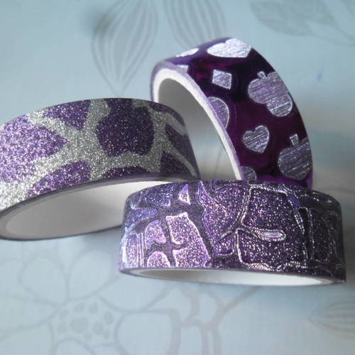 3 fois 3 mètres de rubans adhésif washi masking tape ton violet à motif pailleté repositionnable 15 mm 