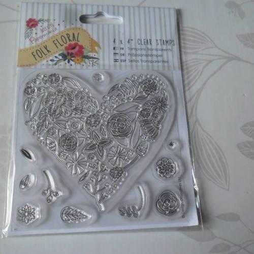 X 1 planche de tampons clear stamps transparent coeur motif fleur silicone 