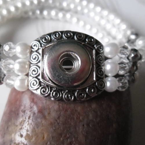 X 1 bracelet élastique perles verre blanche pour mini bouton pression métal argenté 20 cm 