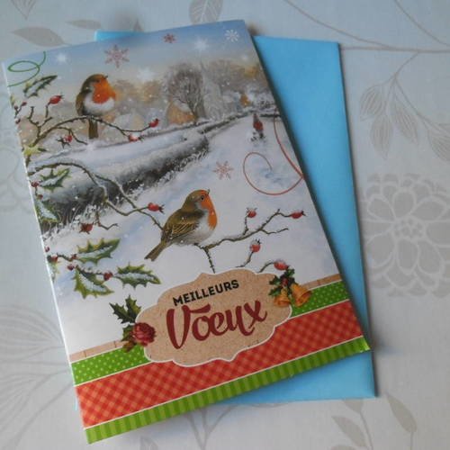 X 1 carte double papier cartonné à motif oiseau+enveloppe 16 x 11,5 cm 