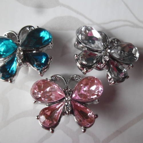 X 3 boutons pression(bijoux)papillon strass 3 couleurs 1,7 x 2 cm 