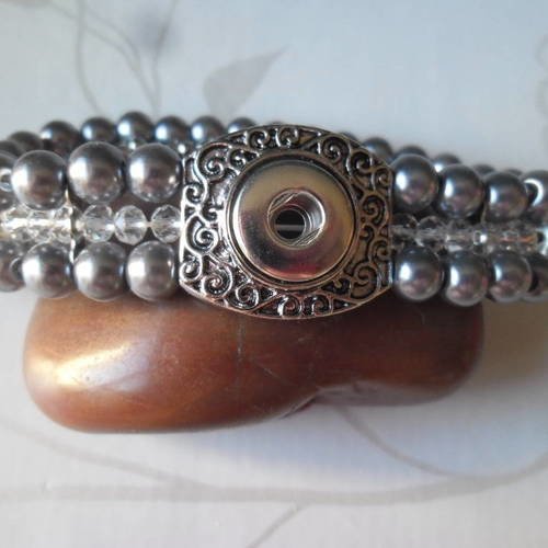 X 1 bracelet élastique perles verre grise pour mini bouton pression 19,5 cm 