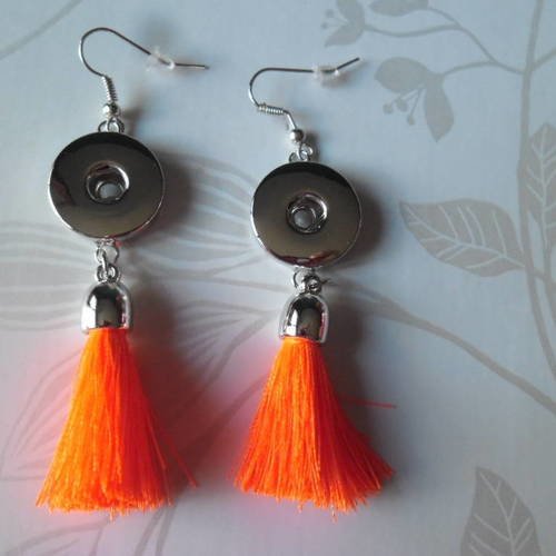 X 1 paire de boucles d'oreilles pompon frange orange fluo pour bouton pression 