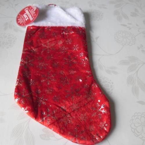 X 1 botte de noel ton rouge/blanc à motif flocon de neige argenté 45 cm 