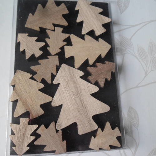 X 1 boite de 12 embellissements bois naturel forme sapin 7,5 x 5,8/3,4 x 2,7 cm 