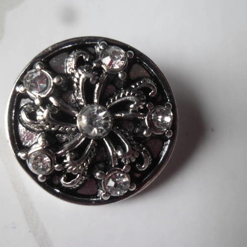 X 1 bouton pression(bijou)rond motif fleur strass blanc métal argent vieilli 20 mm 