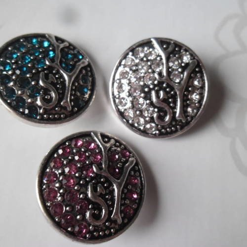X 3 mixte boutons pression(bijoux)rond motif arbre de vie strass métal argenté 20 mm 