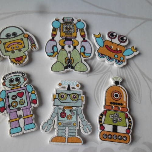 X 5 mixte boutons bois sur le thème des robots à motif 2 trous 3,7 x 2,7/2,5 x 2,3 cm 