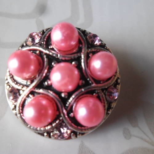 X 1 bouton pression(bijou)perles/strass rose argent vieilli 20 mm 