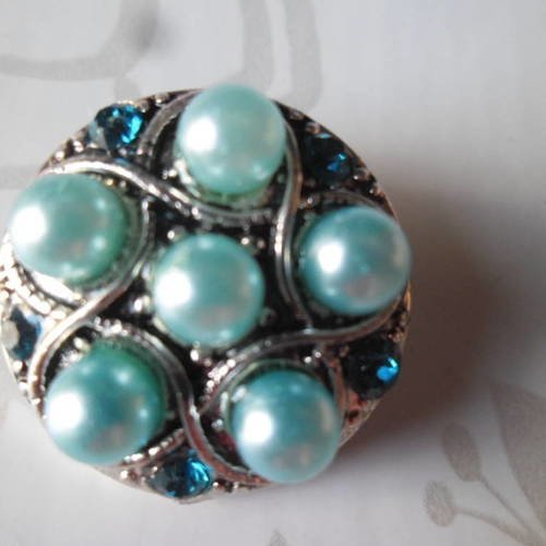 X 1 bouton pression(bijou) perles/strass bleu argent vieilli 20 mm 