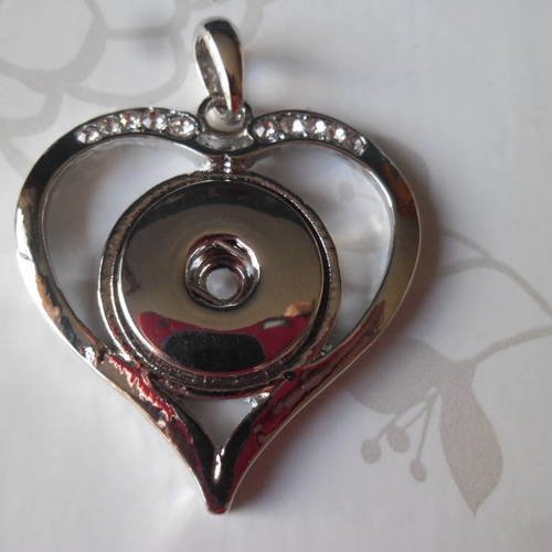 X 1 pendentif coeur strass blanc pour bouton pression argenté 5,1 x 4 cm 