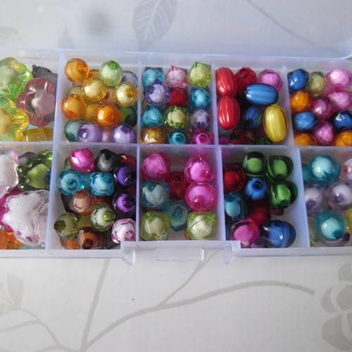 X 180 mixte perles multicolore acrylique+boite de rangement plastique 12,8 x 6,5 cm 