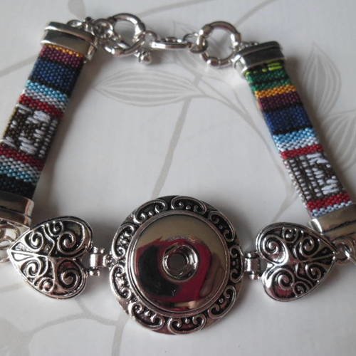 X 1 bracelet fleur cordon multicolore motif coeur pour bouton pression argenté 22,5 cm 