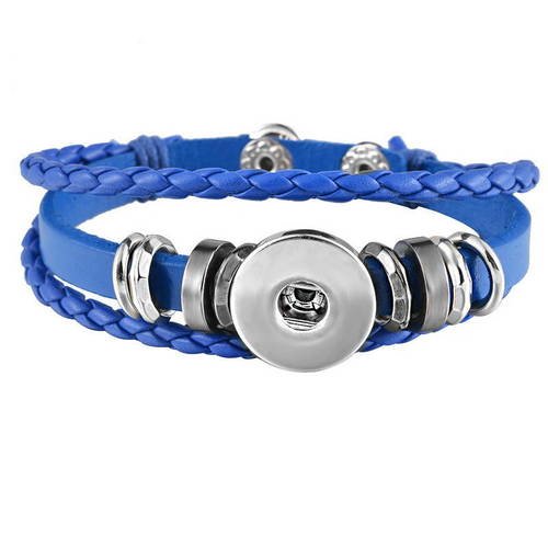 X 1 bracelet cuir pu  bleu tressé multicouche pour bouton pression argenté  21 cm