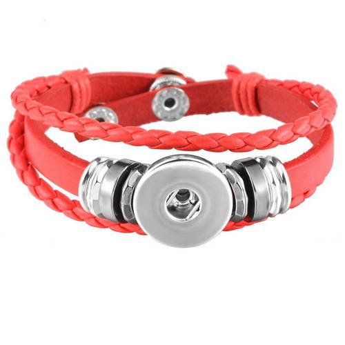 X 1 bracelet cuir pu rouge tressé multicouche pour bouton pression argenté 21 cm