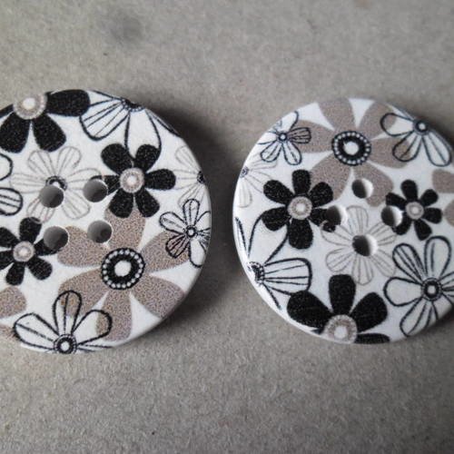 X 5 gros boutons bois motif fleur 4 trous 30 mm 