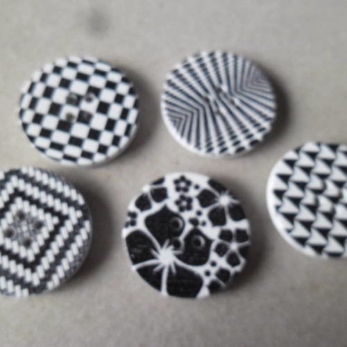 X 5 mixte boutons bois rond à motif noir/blanc 4 trous 3 cm 