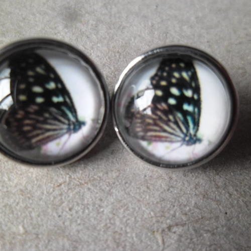 X 1 mini bouton pression(bijou)rond verre dome motif papillon métal argenté 12 mm 