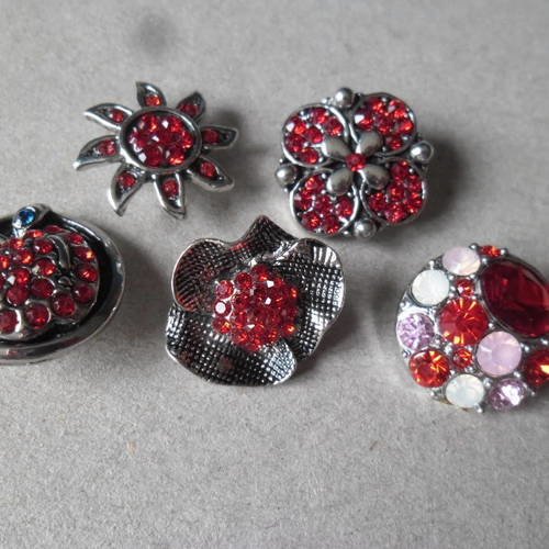 X 5 mixte boutons pression(bijoux)motif strass rouge métal argenté 
