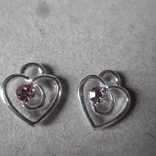 X 1 pendentif coeur strass rose en métal argenté 13 x 12 mm 