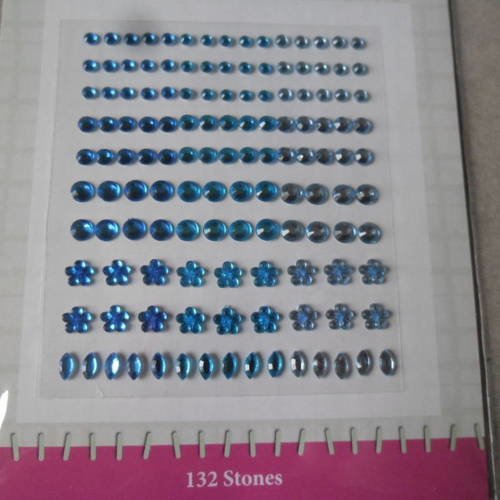 X 132 mixte demi-perles strass autocollants rond/fleur/goutte d'eau ton bleu 