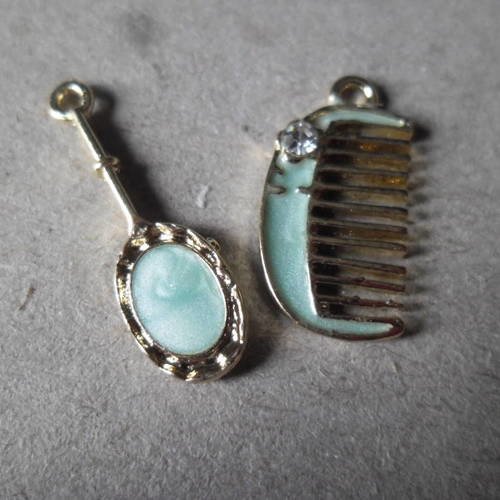 X 2 mixte pendentifs peigne/miroir vert clair/strass blanc métal doré 24 x 8/19 x 10 mm 