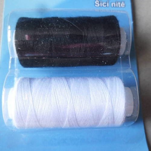 X 2 bobines de fil à coudre blanc/noir 450 mètres chacune 