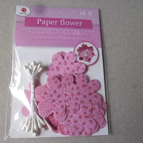 X 1 kit de 12 fleurs papier 3d ton rose motif à faire vous même+tige blanche 
