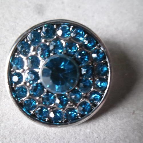 X 1 bouton pression(bijoux)rond strass bleu argenté 18,5 mm 
