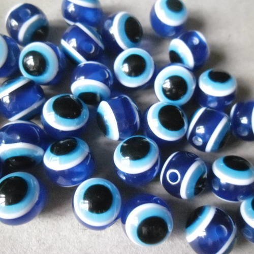 X 10 perles œil porte bonheur rayé bleu foncé acrylique 10 mm 