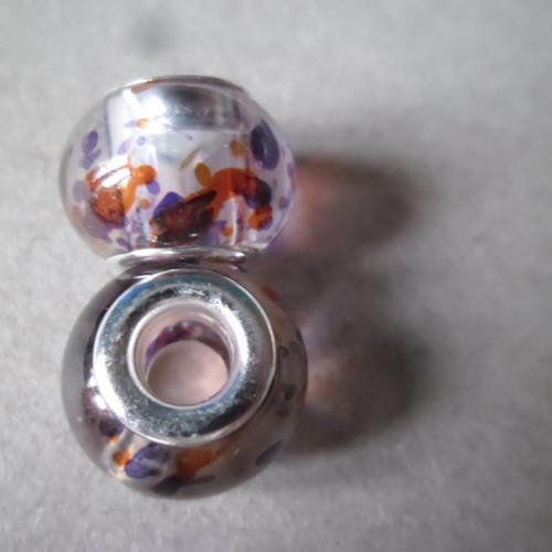 X 2 perles européen en verre transparente motif orange/violet argenté 14 x 11 mm 