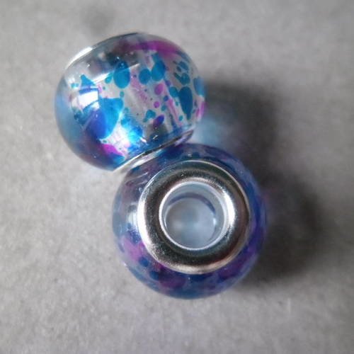 X 2 perles européen en verre transparent motif bleu/rose 14 x 11 mm 