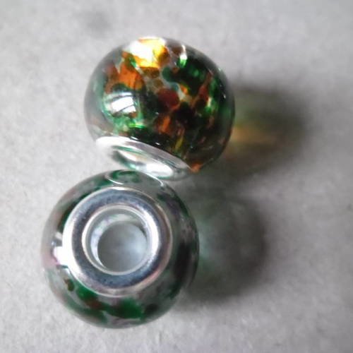 X 2 perles européen en verre transparent motif orange/vert argenté 14 x 11 mm 