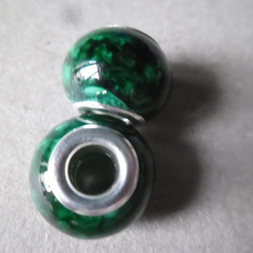 X 2 perles européen en verre verte à motif argenté 15 x 11 mm 