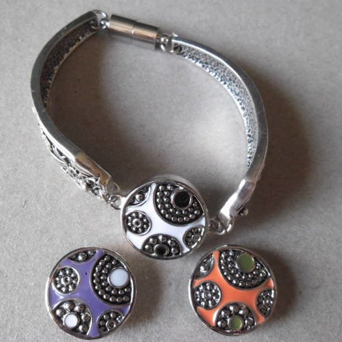 X 1 kit bracelet+3 mixte boutons pression rond fermoir aimant argent vieilli 15,5 cm 