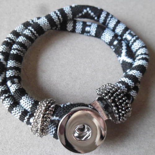 X 1 bracelet cordon ciré rayure noir/blanc pour bouton pression argenté environ 21 cm 
