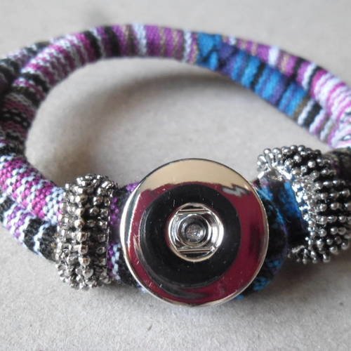 X 1 bracelet en cordon ciré rayure multicolore pour bouton pression argenté environ 21 cm 