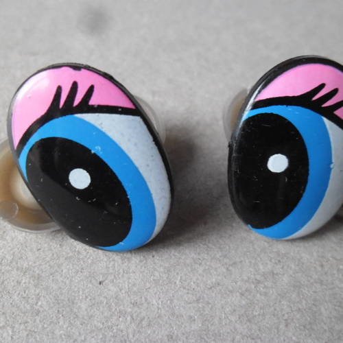 X 2 paires d'yeux  oeil de sécurité plastique ovale bleu/rose/noir+2 embouts 25 x 16 mm