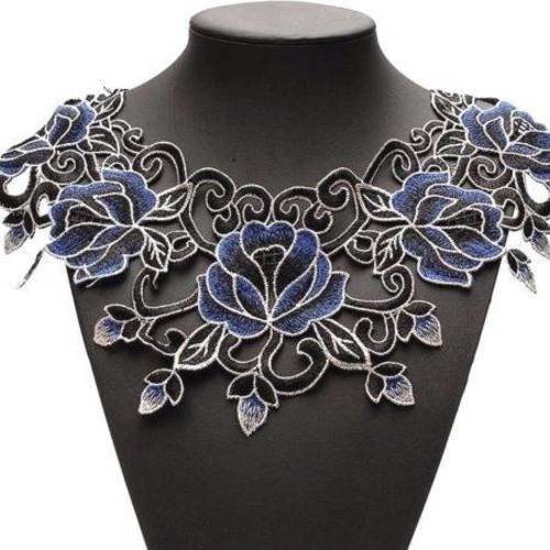 X 1 magnifique guipure col dentelle floral bleu/noir à coudre polyester 40 x 31 cm @66