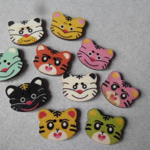 X 5 mixte boutons bois motif tete de chat multicolore 2 trous 21 x 17 mm