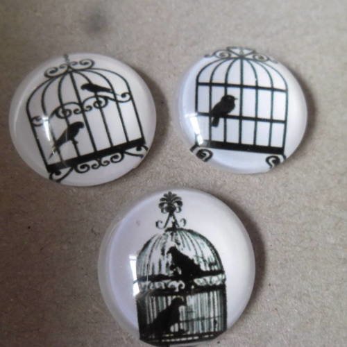 X 3 mixte camée/cabochon rond verre dome motif cage noir/blanc 20 mm 