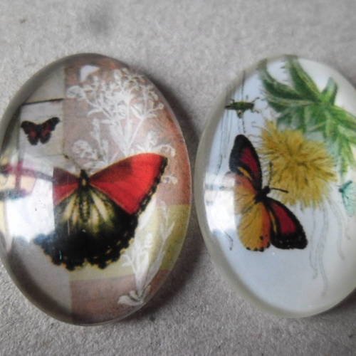 X 2 mixte camée/cabochon ovale verre dome motif papillon 25 x 18 mm 