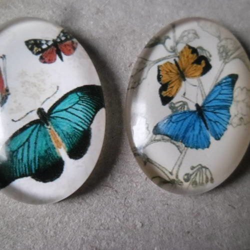 X 2 mixte camée/cabochon ovale verre dome motif papillon 25 x 18 mm 